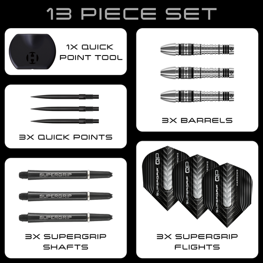 Harrows Supergrip Bomb Quick Point Steeldarts Hier sind die Harrows Supergrip Bomb Quick Point Steeldarts zu sehen. Die Darts eignen sich hervorragend für präzises Spiel.