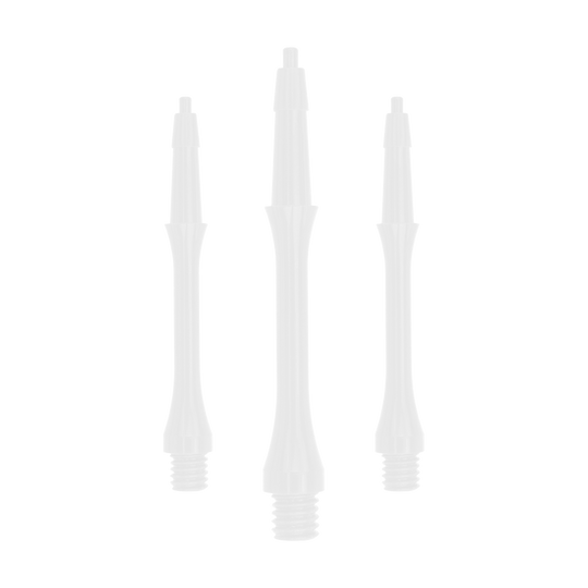HRC-12602-W_Harrows_Clic_Slim_Shafts_White_23mm_1 Das Bild zeigt drei weiße, schlanke Dartschäfte der Marke Harrows Clic Slim. Die Schäfte sind aufrecht nebeneinander angeordnet und haben ein schlichtes, elegantes Design.