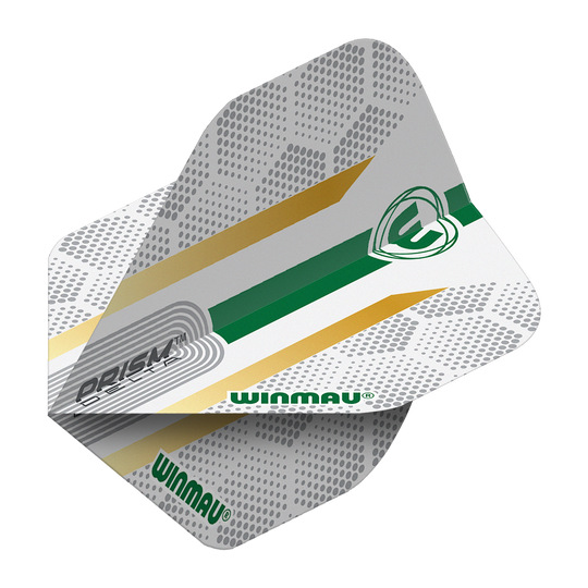 Winmau Prism Delta Xenon No2 Standard Flights Auf dem Bild ist ein Dart-Flight des Modells "Winmau Prism Delta Xenon No2 Standard" zu sehen. Das Flight ist weiß mit grauen, goldenen und grünen Akzenten sowie dem Winmau-Logo gestaltet.