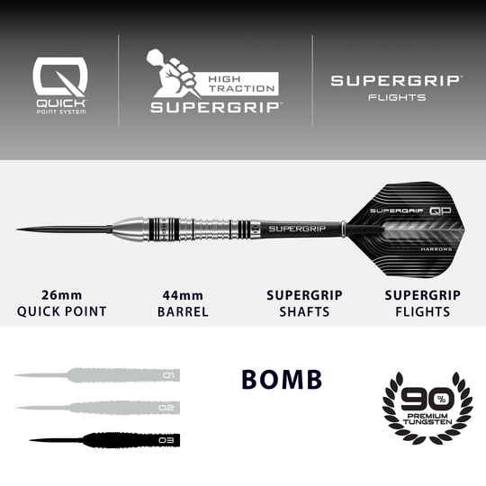 Harrows Supergrip Bomb Quick Point Steeldarts Dies ist ein Bild der Harrows Supergrip Bomb Quick Point Steeldarts. Die Steeldarts zeichnen sich durch ihren besonders guten Grip aus.
