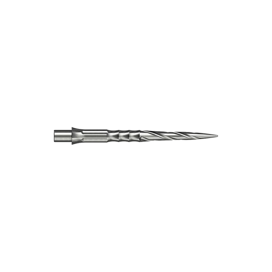 Caliburn System Steeldartspitzen - Spiro - NoLip - Silber Hier sind silberne Steeldartspitzen des Caliburn Evo Systems mit Spiro-Design und 28 mm Länge abgebildet. Zwei dieser Spitzen liegen nebeneinander.