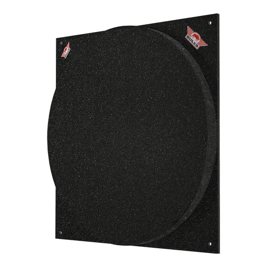 Bulls NL Dartboard Silencer Das Bild zeigt das Produkt "Bulls NL Dartboard Silencer". Es handelt sich um eine schwarze Schallschutzmatte für eine Dartscheibe.