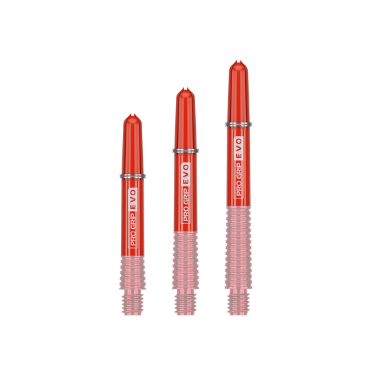 Das Bild zeigt drei rote Ersatztops für Dartshafts mit der Aufschrift "Pro Grip EVO". Sie sind unterschiedlich lang und gehören zum Produkt "Target Pro Grip EVO Ersatztops (9er Pack)".