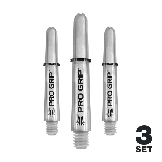 Das Bild zeigt drei transparente Pro Grip Schäfte für Darts. Unten rechts steht "3 Set" als Hinweis auf den Lieferumfang.