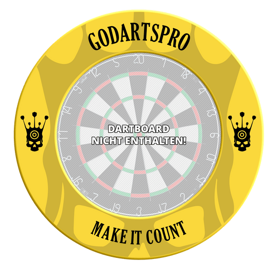 Go Darts Pro Dartboard Surround Abgebildet ist ein gelber Dartboard-Surround aus der GoDartsPro-Serie. Das Produkt bietet Schutz für die Wand und das Dartboard.