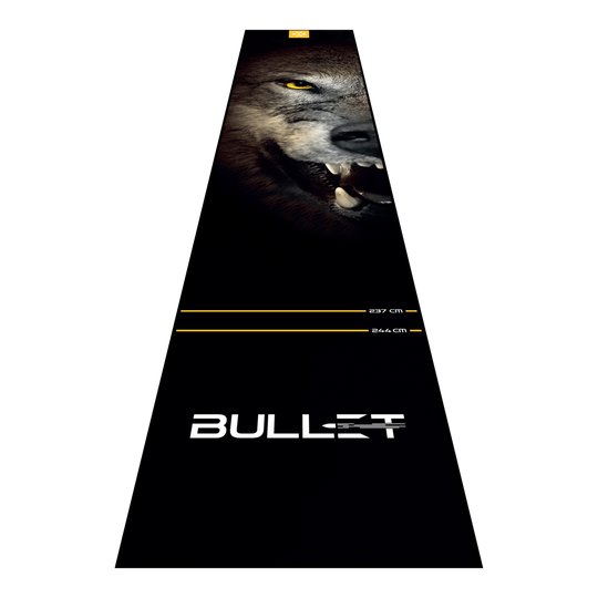 Bullet Fang Dartmatte Abgebildet ist die Bullet Fang Dartmatte. Die Matte sorgt für einen sicheren Stand und schützt den Boden beim Dartspielen.