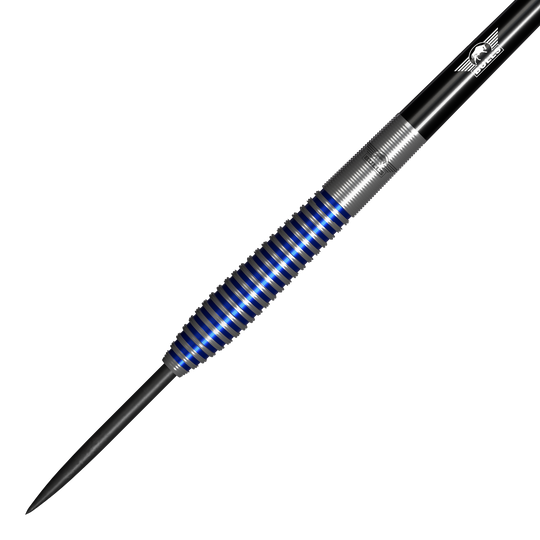 Bulls NL Romeo Grbavac Steeldarts - 23g Das Bild zeigt einen Steeldartpfeil mit silbernen und blauen Ringen am Griff. Es handelt sich um das Produkt "Bulls NL Romeo Grbavac Steeldarts - 23g".