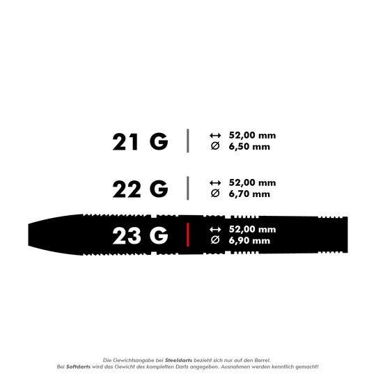 Das Bild zeigt drei verschiedene Steeldarts mit Gewichten von 21 g, 22 g und 23 g. Alle Darts sind 52 mm lang, unterscheiden sich jedoch im Durchmesser: 6,50 mm, 6,70 mm und 6,90 mm.