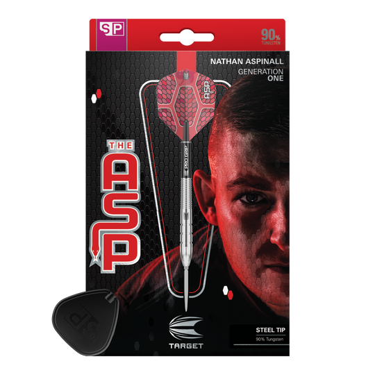 Target Nathan Aspinall GEN1 Swiss Point Steeldarts Das Bild zeigt die Verpackung der "Target Nathan Aspinall GEN1 Swiss Point Steeldarts". Auf der Verpackung ist ein Steeldart sowie das Porträt eines Mannes abgebildet.