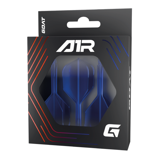GOAT A1R No6 Flight-Shaft-System - Blau Die Abbildung zeigt das Produkt "GOAT A1R No6 Flight-Shaft-System - Blau" in seiner Verpackung. Im Inneren sind blaue Dart-Flights und -Schäfte sichtbar.
