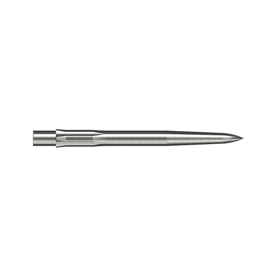 Caliburn System Steeldartspitzen - Smooth - Silber Auf dem Bild ist eine glatte, silberne Stahlspitze für ein Dart zu sehen. Sie ist lang und schmal und misst 28 mm.