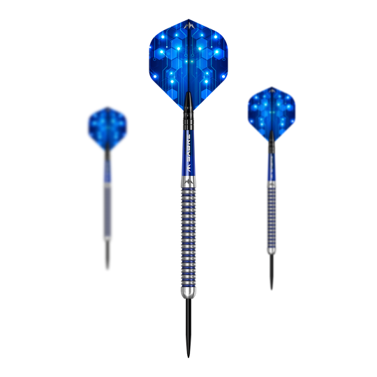 Mission ION Blue Silver Steeldarts Hier ist das Set Mission ION Blue Silver Steeldarts dargestellt. Es handelt sich um hochwertige Steeldarts in Blau und Silber.