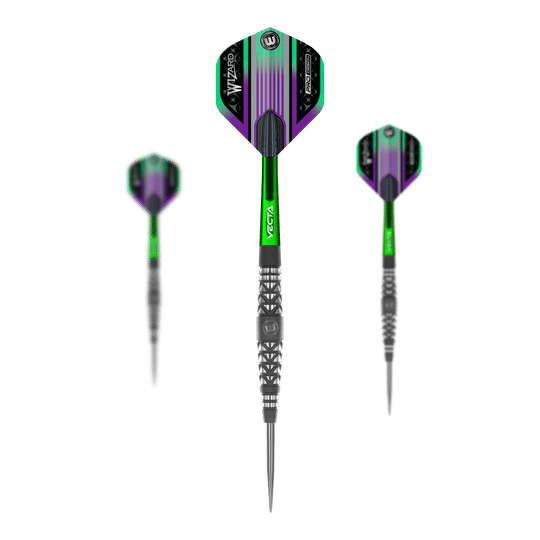 Das Bild zeigt drei Steeldarts des Modells "Winmau Simon Whitlock Atomised Grip". Die Darts haben grüne und violette Flights sowie einen silbernen, strukturierten Griff.