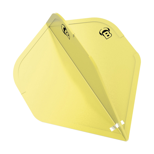 BL50010_Bulls_DragonFlights_Standard_Gelb_1 Das Bild zeigt ein gelbes Dart-Flight mit dem Buchstaben "B" und einem stilisierten Horn-Logo. Das Flight hat eine Standardform und besteht aus Kunststoff.