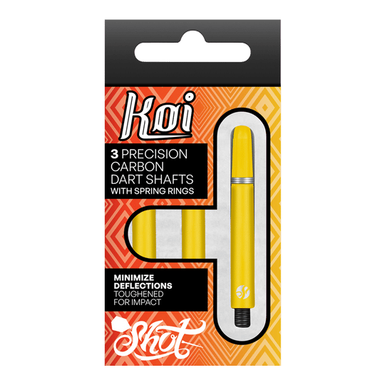 Shot Koi Carbon Shafts - Gelb Das Bild zeigt eine Packung mit drei gelben Präzisions-Carbon-Dartschäften der Marke Koi. Die Verpackung betont, dass die Schäfte mit Federringen ausgestattet sind und dazu dienen, Ablenkungen zu minimieren.