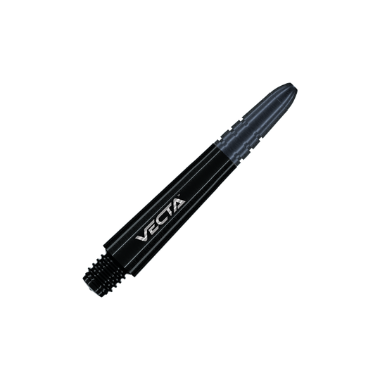 Dies ist ein schwarzer Dart-Schaft mit der Aufschrift "VECTA". Der Schaft ist schlank und misst 34 mm in der Länge.