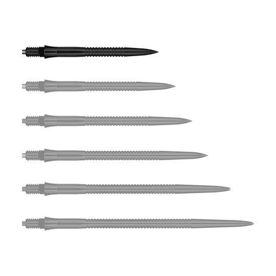 Caliburn EZ-EVO Dartspitzen - Grooved - Schwarz Hier sieht man eine weitere EVO201 Caliburn EZ-EVO Dartspitze mit Rillen in Schwarz und einer Länge von 28 mm. Die Spitze ist speziell für Dartspieler geeignet.