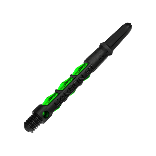 Das Bild zeigt einen Harrows Carbon ST Shaft in der Farbe Grün. Der Schaft besteht aus schwarzem Material mit grünen Akzenten und der Aufschrift "CARBON ST".