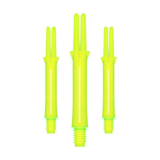 L-Style L-Shafts Locked Straight - Neon Yellow 260 Auf dem Bild sind drei gerade, neon-gelbe Ersatzschäfte für Darts zu sehen. Sie haben ein Schraubgewinde am unteren Ende und sind in der Mitte etwas länger.