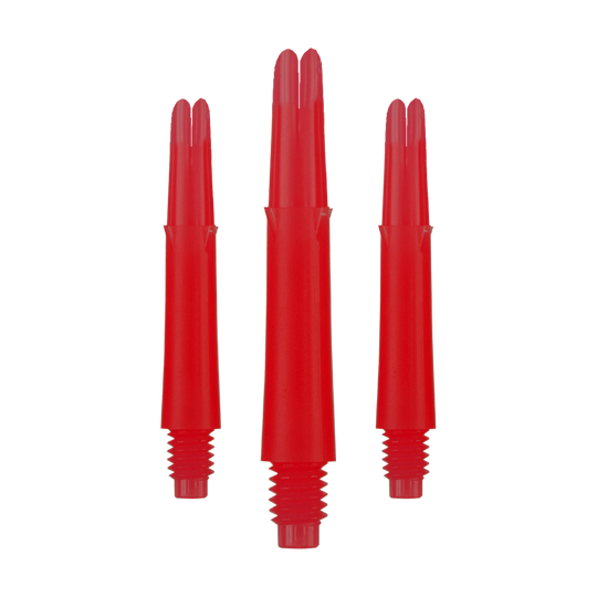L-Style L-Shafts Locked Straight - Red 190 Auf dem Bild sind drei rote, gerade Dartschäfte zu sehen. Sie haben ein Schraubgewinde am unteren Ende und sind jeweils 32 mm lang.