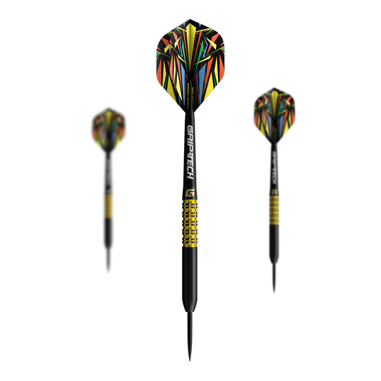 GOAT Athlete Yellow Tungsten Steeldarts Das Bild zeigt einen gelben Tungsten-Steeldart. Das Produkt ist unter dem Namen 'GD7000770 GOAT Athlete Yellow Tungsten Steeldarts 1 Set' bekannt.