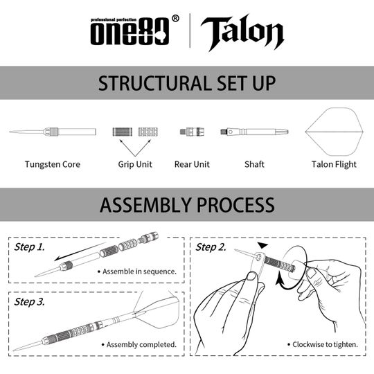 One80 Talon T1 Steeldarts Abgebildet sind die One80 Talon Steeldarts. Diese Darts bieten eine hochwertige Verarbeitung und ein modernes Design.