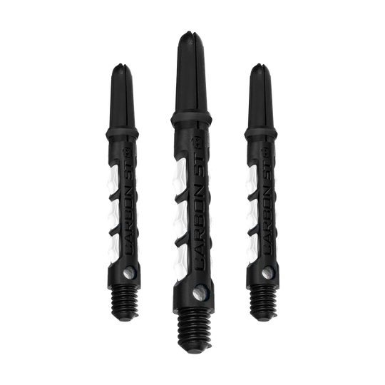 HR438_Harrows_Carbon_ST_Shafts_Weiss_40mm_1PQn7quU0Gc5WM Das Bild zeigt drei weiße Harrows Carbon ST Shafts für Dartpfeile. Die Schäfte haben ein modernes, schwarzes und weißes Design.