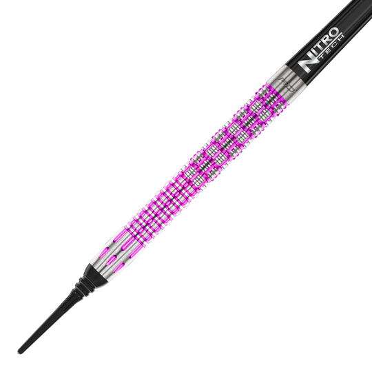 Red Dragon Tyrian Softdarts - 22g Das Bild zeigt einen Red Dragon Tyrian Softdart mit einem Gewicht von 22g. Der Dart hat ein auffälliges Muster in Silber und Pink am Griff.