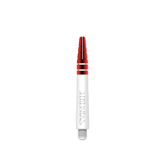 Das Bild zeigt einen Red Dragon Nitrotech Peter Wright Red Shaft in 39 mm Länge. Der Schaft ist weiß mit roten und silbernen Akzenten gestaltet und trägt die Aufschrift "Snakebite".