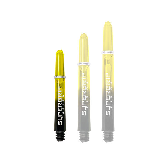 Auf dem Bild sind drei Harrows Supergrip Fusion Shafts in Gelb zu sehen. Die Shafts sind unterschiedlich lang und haben ein modernes, transparentes Design.