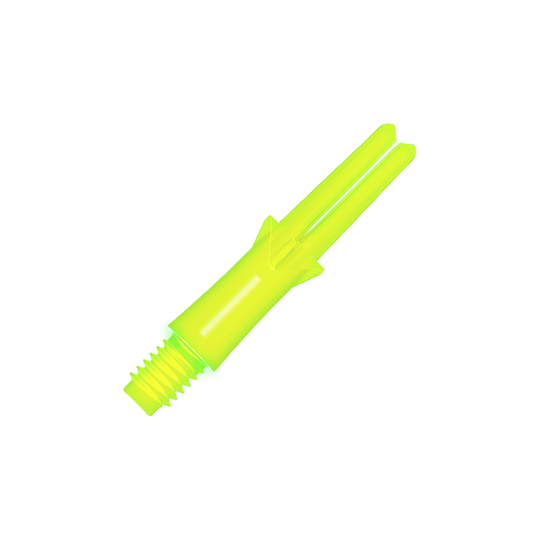 L-Style L-Shafts Locked Straight - Neon Yellow 130 Das Bild zeigt einen neongelben geraden Flightschaft für Dartpfeile. Der Schaft hat ein Schraubgewinde an einem Ende und eine offene Gabel am anderen Ende.