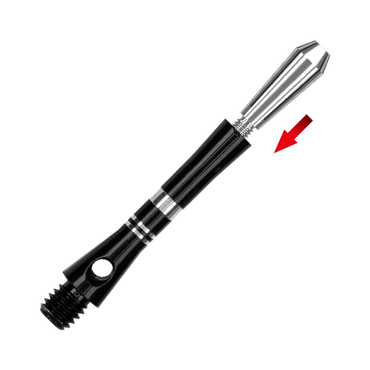 562_Harrows_Colette_Shafts_Ersatztops_2 Das Bild zeigt das Produkt "Harrows Colette Shafts Ersatztops". Ein roter Pfeil weist auf das austauschbare silberne Oberteil des Shafts hin.