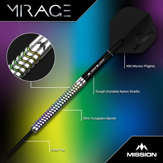 Mission Mirage Steeldarts Mission Mirage Steeldarts sind für das Dartspiel entwickelt. Diese Aufnahme stellt das Modell in Nahaufnahme dar.