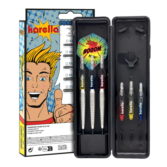 Karella Comic Line CL-5 Steeldarts - 21g Abgebildet sind die Karella Comic Line CL-5 Steeldarts - 21g. Diese Steeldarts zeichnen sich durch ein Comic-Design aus.