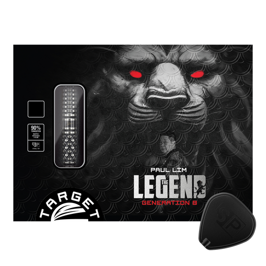 Target Japan Paul Lim The Legend GEN8 Swiss Point Steeldarts - 24g Die Verpackung zeigt die "Target Japan Paul Lim The Legend GEN8 Swiss Point Steeldarts - 24g". Im Hintergrund ist ein Löwenkopf mit roten Augen und ein Porträt von Paul Lim zu sehen.
