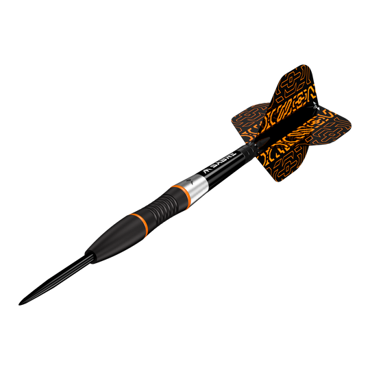 Mission Horizon Black PVD Orange Steeldarts Das Bild zeigt Mission Horizon Black PVD Orange Steeldarts. Die Darts verfügen über ein modernes schwarzes und oranges Design.
