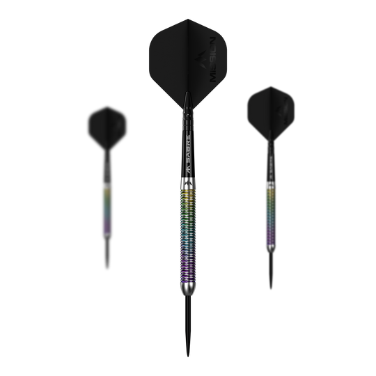 Mission Kaleidos Steeldarts Zu sehen ist ein Set der Mission Kaleidos Steeldarts. Mehrere Darts liegen nebeneinander aufgereiht.