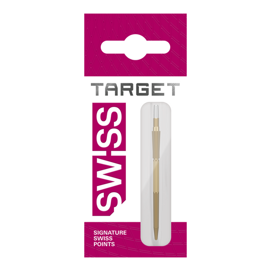 Auf diesem Bild sind goldene Dartspitzen der Target Elysian Archetype 43 SwissPoint Serie zu sehen. Es werden drei Spitzen zusammen präsentiert.