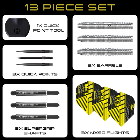 Harrows NX90 Parallel Quick Point Steeldarts Das Bild zeigt die Harrows NX90 Parallel Quick Point Steeldarts. Dies sind hochwertige Steeldarts mit modernem Design.