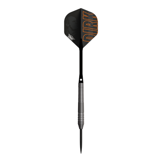 Bulls NL Dirk Van Duijvenbode 80 Steeldarts Dies ist ein Steeldart der Marke Bulls NL, Modell Dirk Van Duijvenbode 80. Der Dart hat einen schwarzen Flight mit dem Namen "DIRK" in orangefarbener Schrift.