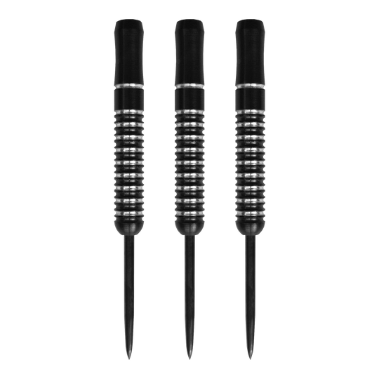 McDart Void Steeldart Barrels - 23g Auf dem Bild sind drei McDart Void Steeldart Barrels mit einem Gewicht von 23g zu sehen. Die Darts sind schwarz mit silbernen Rillen und haben eine schlichte, moderne Optik.