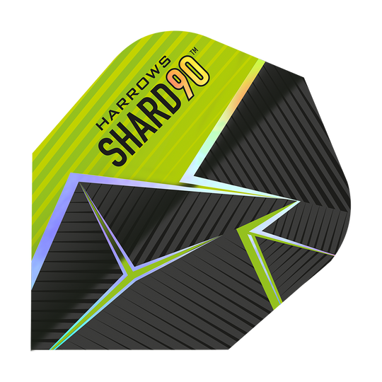 Harrows Prime Shard No6 Flights Das Bild zeigt ein Dart-Flight mit dem Namen „Harrows Prime Shard No6“. Das Design ist schwarz und gelb mit geometrischen Linien und dem Aufdruck „SHARD 90“.