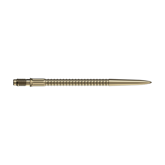 Mission R2.5 Rapid Point GV1 Dartspitzen - Gold Abgebildet sind goldene Dartspitzen von Mission R25 Rapid Point mit einer Länge von 40mm. Das Bild zeigt die Spitzen aus verschiedenen Perspektiven.