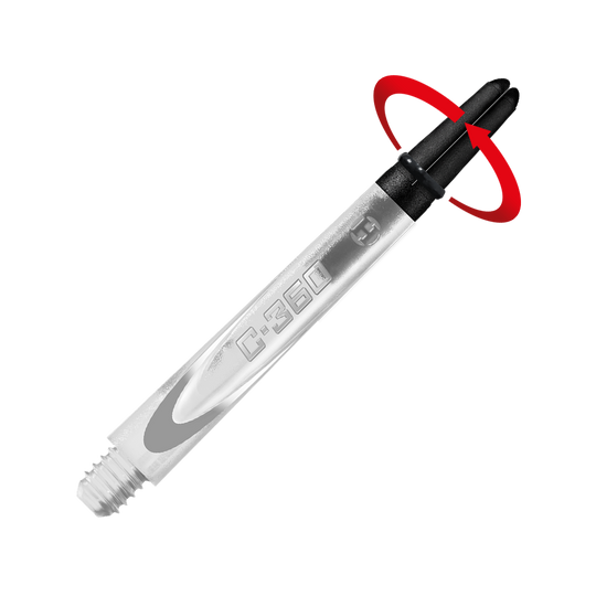 Das Bild zeigt einen transparenten Dart-Schaft mit der Aufschrift "C-360". Der obere Teil des Schafts ist schwarz und hebt sich vor einem roten Hintergrund ab.