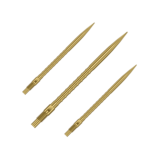 Harrows Quick Point Heavy Metal Dartspitzen - Gold Das Bild zeigt Harrows Quick Point Heavy Metal Grip Dartspitzen in Gold mit einer Länge von 40mm. Es handelt sich um ein Set von Dartspitzen.