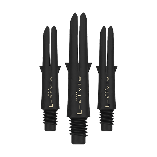 L-Style Carbon Shafts 130 Das Bild zeigt drei schwarze Dartschäfte aus Carbon der Marke L-Style. Sie sind ohne Kappen und haben eine Länge von 26 mm.