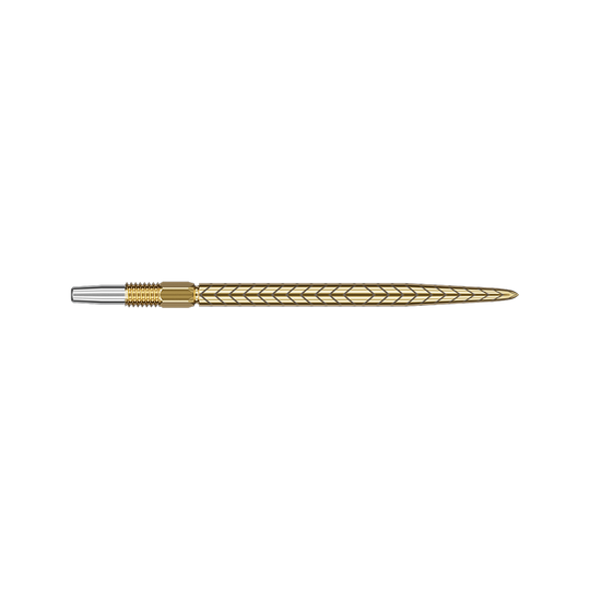 Das Bild zeigt eine goldfarbene Dartspitze mit einem feinen, eingravierten Muster. Die Spitze ist lang und hat ein elegantes, schlankes Design.