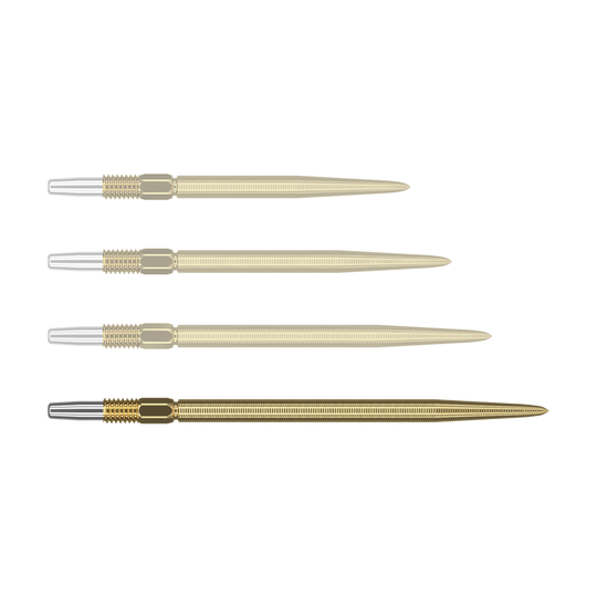 Das Bild zeigt vier goldene Dartspitzen mit silbernem Ansatz, die nebeneinander liegen. Sie sind identisch in Form und Größe und haben ein schlankes, geriffeltes Design.