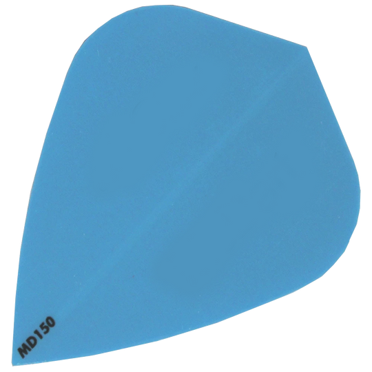 Das Bild zeigt ein blaues Dart-Flugblatt mit der Bezeichnung "MD150" in der Ecke. Es handelt sich um das Produkt "McDart MD150 - Kite Flight".