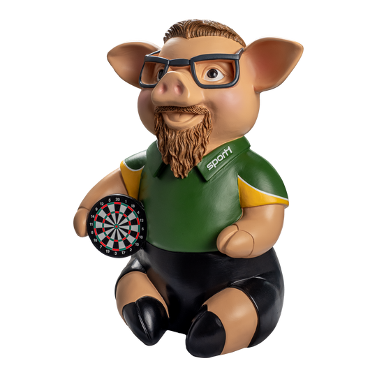 Sport1 Zaubermeister Phrasenschwein Das Bild zeigt eine lustige Sparschwein-Figur mit Brille, Bart und einem Dartbrett in der Hand. Das Schwein trägt ein grünes Sportshirt mit der Aufschrift "Sport1".